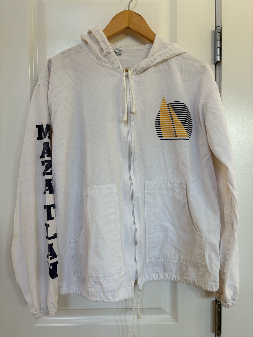 Hoodie Souvenir Mazatlan Mexico White Hooded Zip Jacket with Sail Boat Cotton